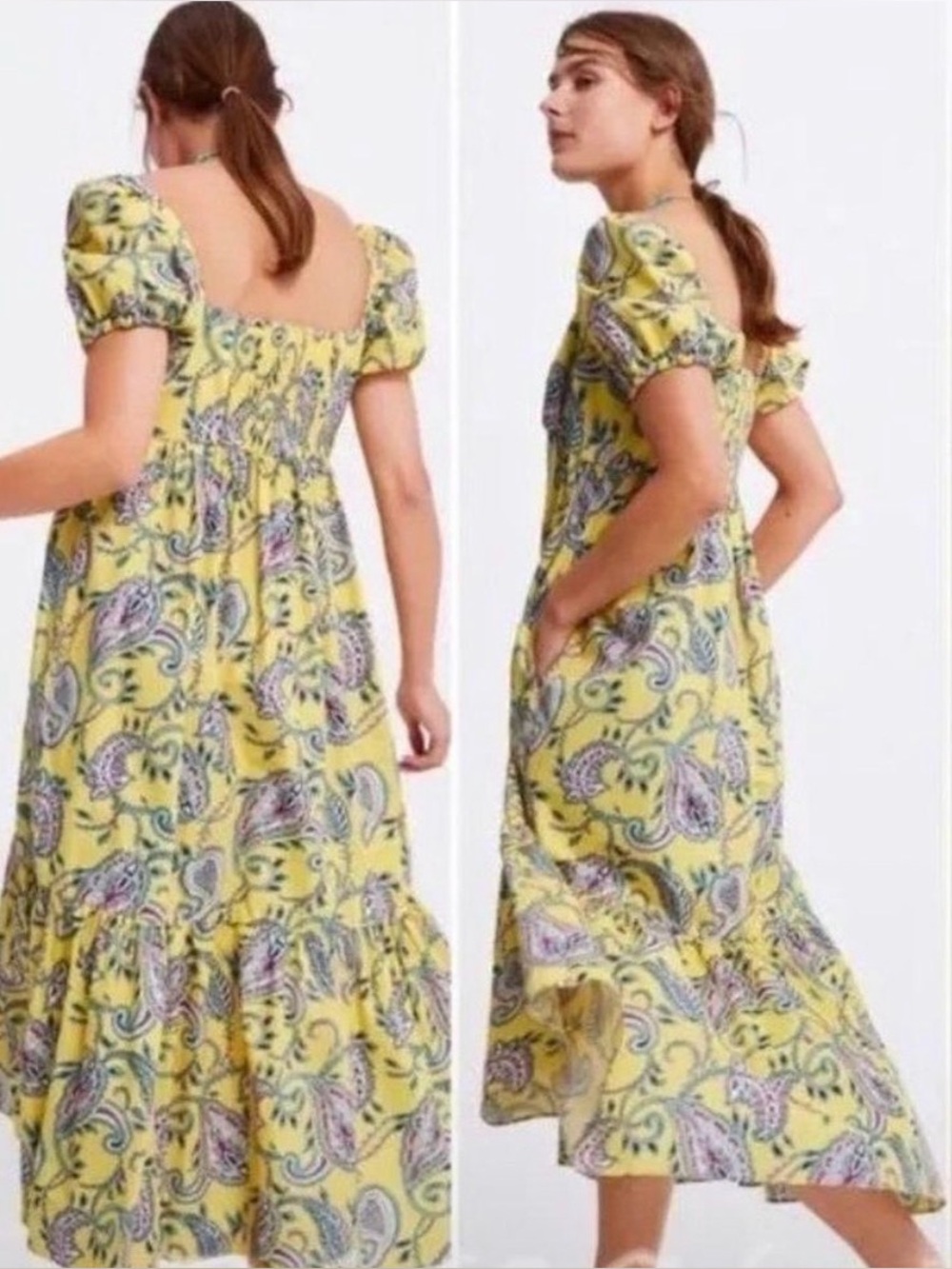 Zara Midi Dress Size M Yellow Paisley Smocked Puff Sleeve Cottagecore Garden